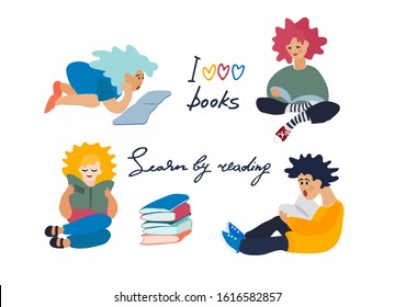 Children reading books. Set of vector illustration in flat style. Motivational handwritten slogans. Reading motivation concept