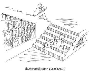 Children reading books sitting on the steps in the library graphic black white sketch illustration vector