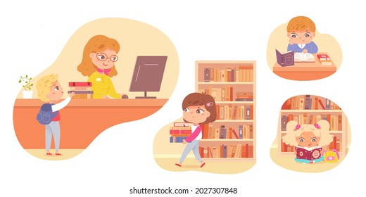 Children reading books and studying in library set. Happy little girls and boys learning activity vector illustration. Education and leisure, librarian at desk helping child.