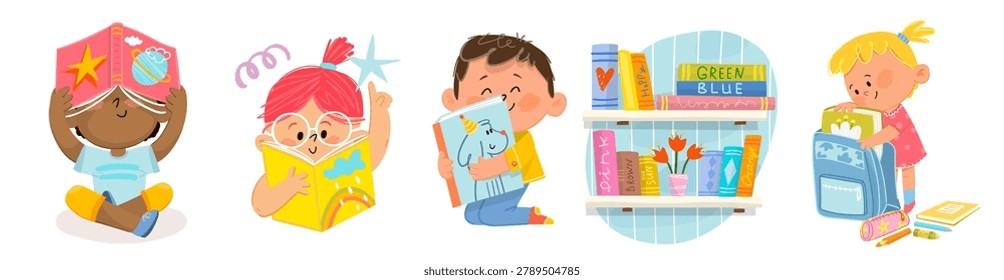 Children reading books, studying and organizing school supplies. Childhood literacy and elementary education collection. Cartoon kids characters illustrations set for children school education