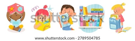 Children reading books, studying and organizing school supplies. Childhood literacy and elementary education collection. Cartoon kids characters illustrations set for children school education