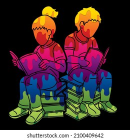 Children Reading Books Together Cartoon Silhouette Graphic Vector