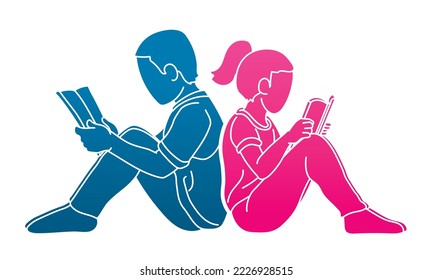 Children Reading Books Together Cartoon Education Graphic Vector