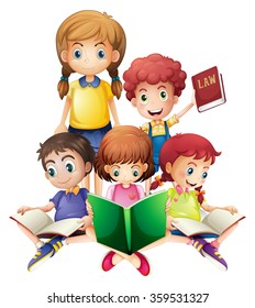 Children reading books together illustration