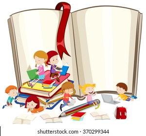 Children reading books together illustration