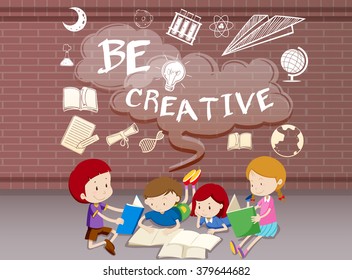 Children reading books together illustration