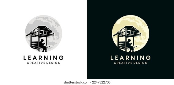 Children reading books in traditional gazebo with moon background for education logo design