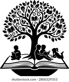 Children reading books under tree knowledge concept