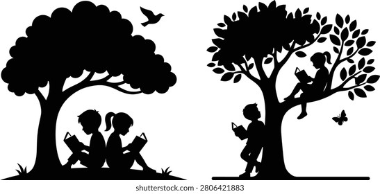 Children reading books under tree silhouette, boy and girl studying outside in nature, graphic elements in image