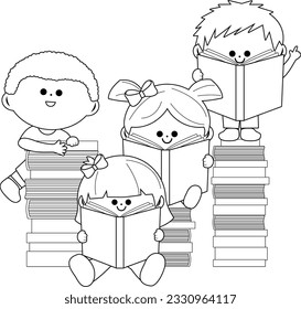 Children reading books. Vector black and white coloring page.