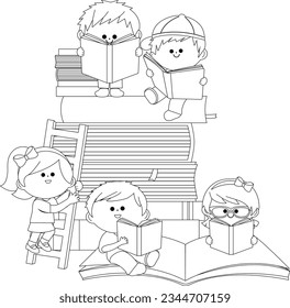 Children reading books. Vector black and white coloring page.