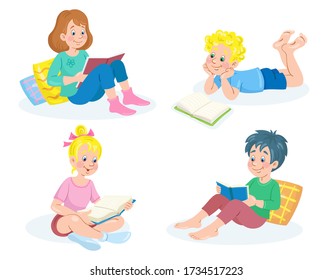 Children are reading. Boys and girls with interesting books sit and lie on the floor. In cartoon style. Isolated on white background. Vector flat illustration.