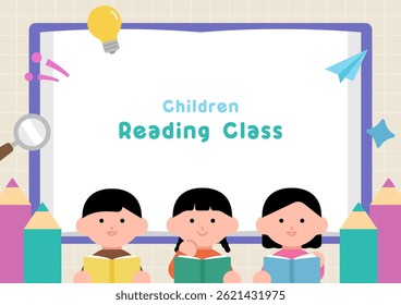 Children reading class background illustration. Kids are reading books. Cartoon style background frame vector poster for kids education.