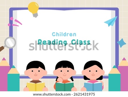 Children reading class background illustration. Kids are reading books. Cartoon style background frame vector poster for kids education.