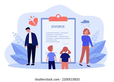 Children reading divorce document of sad father and mother. Breakup of tiny unhappy family flat vector illustration. Separation, relationship concept for banner, website design or landing web page