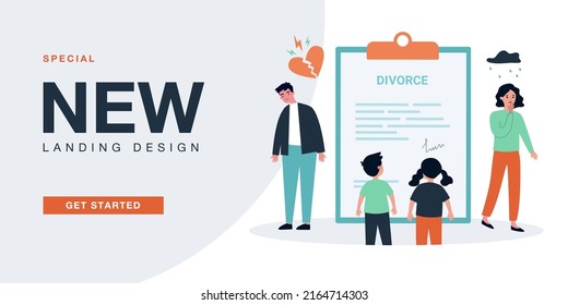 Children reading divorce document of sad father and mother. Breakup of tiny unhappy family flat vector illustration. Separation, relationship concept for banner, website design or landing web page