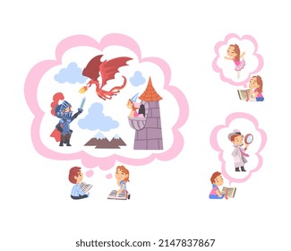 Children Reading Fairy Tale and Fantasy Book about Knight Fighting Dragon and Ballet Dancing Vector Set