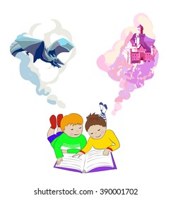 Children reading a fairytale book. Kids imagination concept. Girl and boy lying on floor. International children's book day poster.