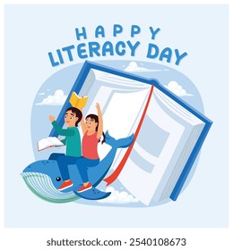 Children reading fantasy books. Reading books becomes an adventure of fantasy and imagination. Happy Literacy Day concept. Flat vector illustration.