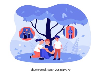 Children reading fantasy story book of adventures of knight. Girl and boys sitting with book flat vector illustration. Imagination, education concept for banner, website design or landing web page