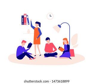 Children reading - flat design style colorful illustration on white background. High quality composition with students, boys and girls sitting with books, studying. Education, school concept