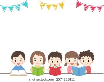 Children reading and garland frame illustration