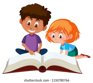 Children reading a giant book illustration