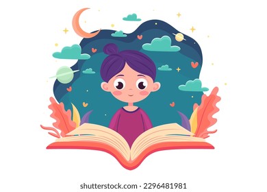 Children reading, girl reading an interesting book, book immersion concept, interesting stories, World Book Day, Children's Book Day, Cartoon illustration, Poster, banner, postcard, background  