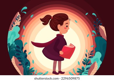 Children reading, girl reading an interesting book, book immersion concept, interesting stories, World Book Day, Children's Book Day, Cartoon illustration, Poster, banner, postcard, background