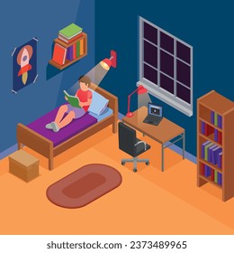 Niños leyendo el aprendizaje dibujando el concepto isométrico niño está sentado en su habitación en su cama leyendo un libro ilustración vectorial