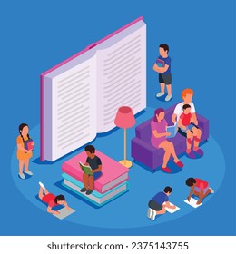 Niños leyendo el aprendizaje de dibujo concepto de color isométrico un gran libro abstracto abierto parado al lado de la lectura de ilustraciones vectoriales adultos y niños