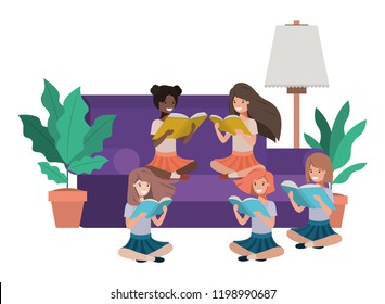 children reading in living room avatar character
