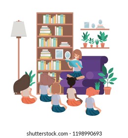 children reading in living room avatar character