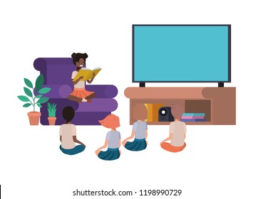 children reading in living room avatar character
