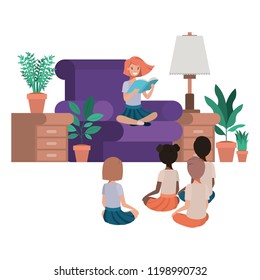 children reading in living room avatar character