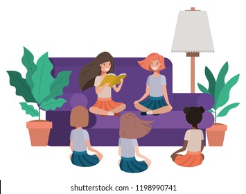 children reading in living room avatar character