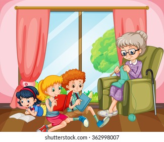 Children reading and old lady knitting illustration