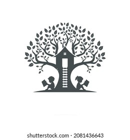 Children reading and playing under the tree house