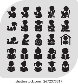 Silhuetas de leitura infantil e conjunto de ícones
