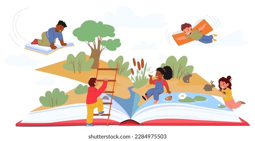 Children Reading Together On Top Of A Giant Book That Transports Them Into An Imaginative World. Reading Concept Inspires Creativity, Educational Or Children Literature. Cartoon Vector Illustration