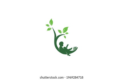 Children Reading And Tree logo vector icon illustration