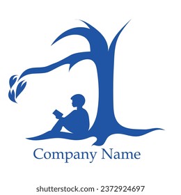 children reading under tree education organisation logo for business vector in blue and white