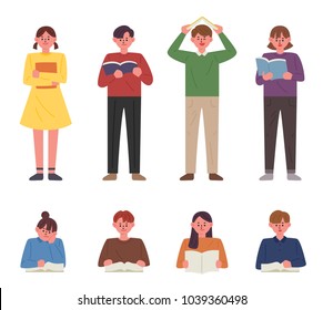 Children reading in various poses. hand drawing style vector illustration flat design