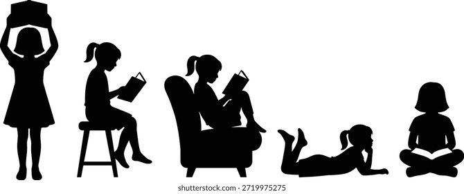 Children reading in various postures, standing, sitting, lying, cross-legged, armchair, stool, showcasing diverse habits, education, learning, literacy, imagination, comfort, indoor, silhouette, vector