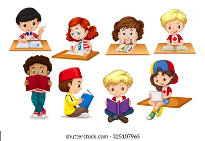 Children reading and writing illustration