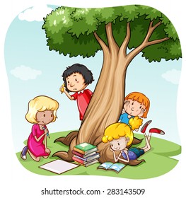 Children reading and writing under the tree