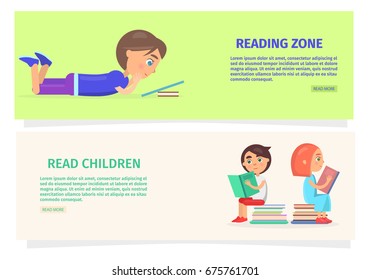 Children reading zone in library internet page with full information and vector illustration of kids with books and tablet.