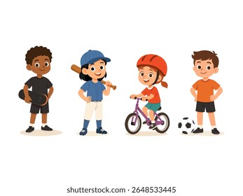 Children ready for sports: skateboarding, baseball, cycling with helmet, and soccer with a ball. Happy and active kids. Vector illustration.