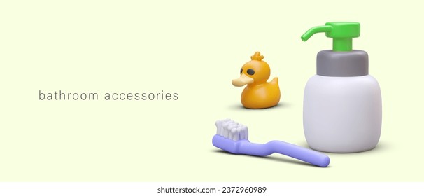 Children realistic bath accessories. Toy rubber duck, liquid soap with dispenser, toothbrush. Care of children hygiene. Color vector concept. Store advertisement