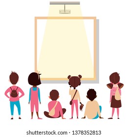 children rear view. children look at the empty banner. vector image of children of different races